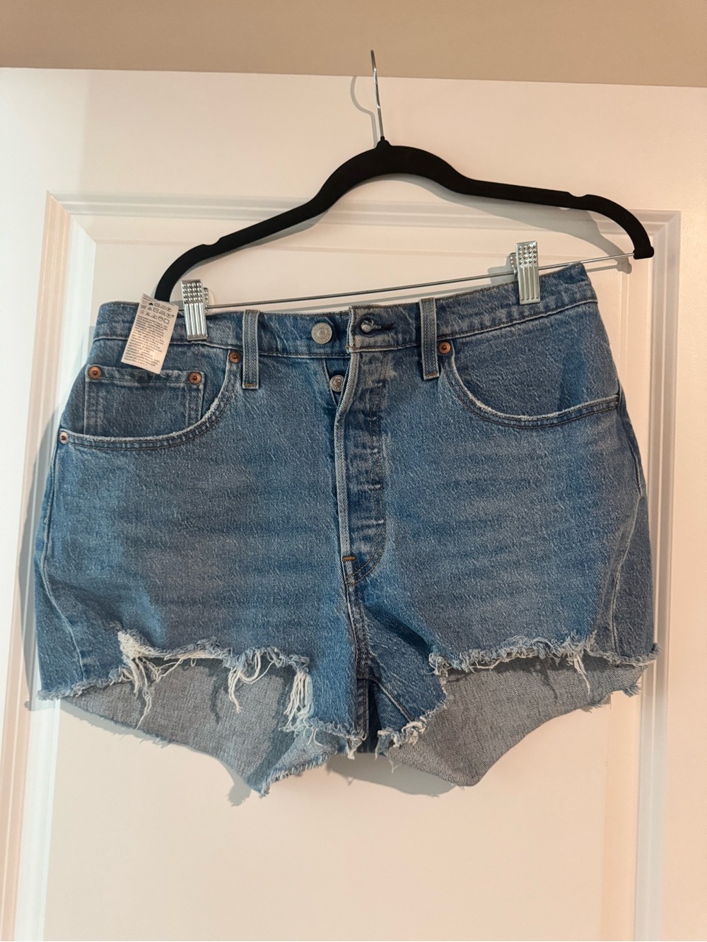 High-Rise Frayed Hem Denim Shorts - Blue